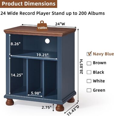 LELELINKY Підставка для програвача, полиця для платівок, містить до 200 платівок, великий дерев'яний стіл для програвача, полиця для платівок у вітальню, спальню, офіс (Блакитний)