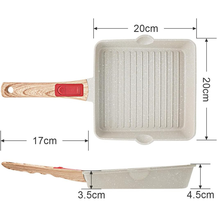 Сковорода-гриль AIKENBBKK 24x24 см з знімним ручками, антипригарне покриття, для стейків, сумісна з духовкою та посудомийною машиною (білий)