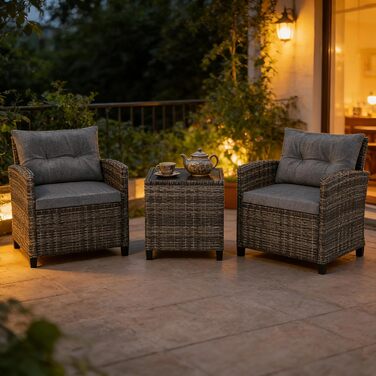 Набір садових меблів LIFEZEAL 3 предмети: 2 крісла та стіл з ротангу PE, скляний столик, подушки для тераси, балкона, саду (Сірий)