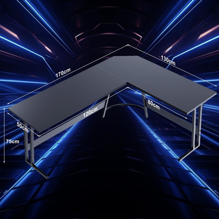 Ігровий стіл Airfish, L-подібний кутовий стіл для комп'ютера, 170x130x75 см, чорний матовий