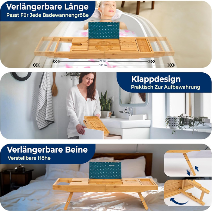 Сервірувальне піднос SereneLife 2-в-1 для ванни та ліжка – бамбуковий, складаний, регульований за розміром, вологостійкий, з жорсткою та м'якою задньою частиною, подарунковий набір