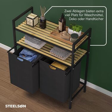 STEELSØN Сортувальник для білизни Rigil з 2 відділеннями та бамбуковою полицею – кошик для білизни на 2 контейнери по 45 л, чорного кольору – металевий сортувальник білизни з висувними мішками – контейнер для брудної білизни з 2 відділеннями та полицею