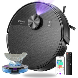 Робот-пилосос MONSGA з функцією миття, 5000Pa, час роботи 180 хв, система захисту від ковтунів, LiDAR навігація, для килимів та шерсті тварин, керування через додаток та пульт (чорний)