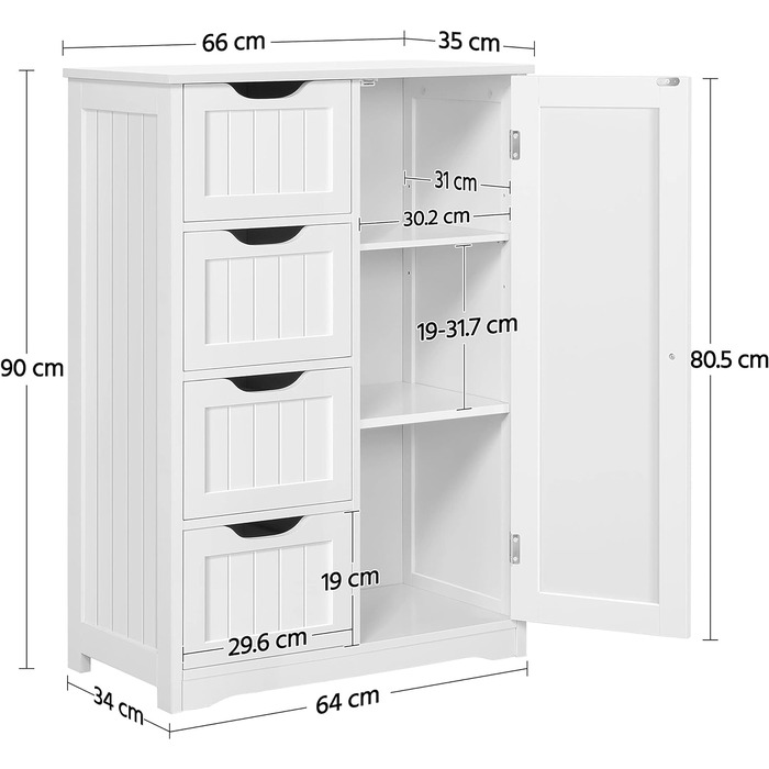 Тумба для ванної кімнати Yaheetech з 4 ящиками, дверцята шафи, регульована полиця (66 35 90 см, білий)