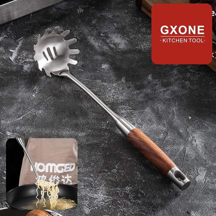 Набір кухонних аксесуарів GXONE, 7 предметів, з нержавіючої сталі 304, з підставкою, стійкий до нагріву, дерев'яні ручки, кухонні помічники (ложка для пасти з дерев'яною ручкою)