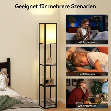 Торшер Fullwatt з дерев'яною полицею та підсвічуванням для спальні та вітальні (чорний)