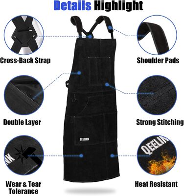 Зварювальна шкура QeeLink з рукавичками - шкіряна шкура з 6 кишенями, вогнестійка та жаростійка робоча шкура (чорна - 61 x 107 см)