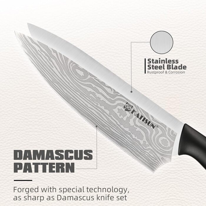 Набір кухонних ножів Katisun 16 шт. з японської сталі, з підставкою, точилкою, дощечкою та ножицями. Набір ножів для нарізки, шинкування та різання, безпечний для миття в посудомийній машині (15 ножів, лазерне різання)
