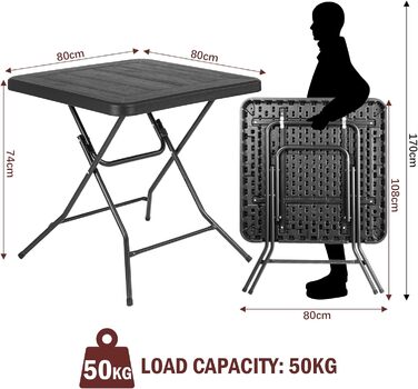Розкладний стіл для садового столу, невеликий обідній стіл 80x80x74 см, балконний стіл зі сталевими ніжками каркаса, портативний кемпінговий стіл з потовщенням HDPE, висока вантажопідйомність і стабільність, для садового барбекю Кухня громадського харчува