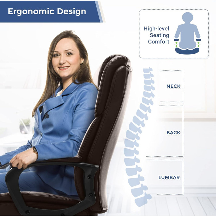 Офісний крісло AONELAS ZUNMOS з високою спинкою, регульоване по висоті та поворотне, з підтримкою попереку, шкіра, чорний