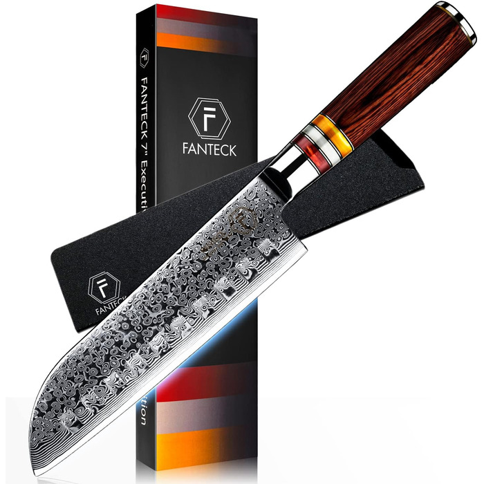 Японський ніж Gyuto FANTECK з дамаської сталі 20 см (67 шарів VG-10) - професійний кухонний ніж з ручкою з паккавуду, в подарунковій коробці