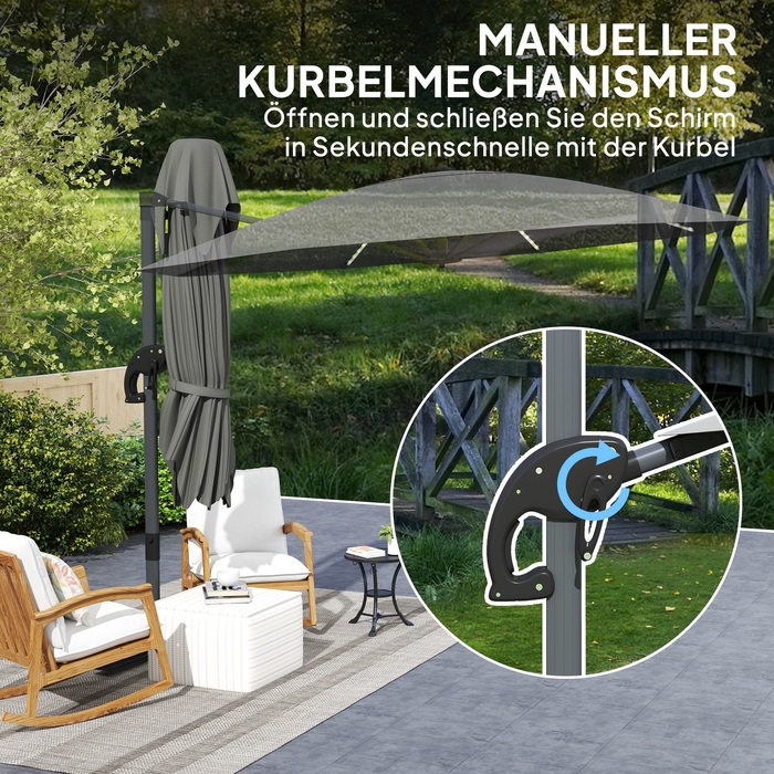 Outsunny Alu Centilever Parasol LED Solar Ø300 см регульована по висоті парасолька з кривошипною підставкою UV50+ Водовідштовхувальний ринок Обертовий ринок на 360° Нахилена садова парасолька Сонцезахисний захист для саду Балкон Темно-сірий
