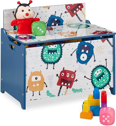 Скриня для іграшок Relaxdays, дизайн монстрів, ящик для іграшок з кришкою, HWD 50x60x36.5 см, МДФ, ящик для іграшок, синій/білий