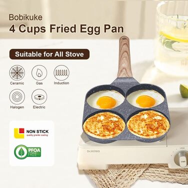 Сковорода для яєць Bobikuke, 4 чашки, з антипригарним покриттям, для сніданків, млинців, газової та індукційної варильної поверхні, без PFOS (чорна)