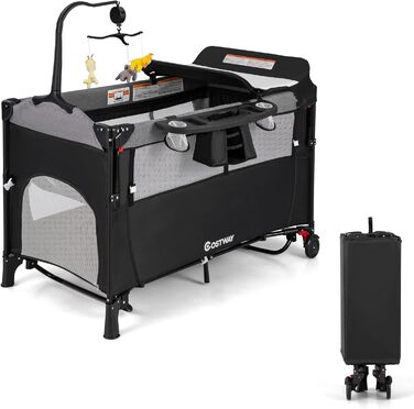 Дитяче ліжко-манеж COSTWAY 120x60 см, 2 рівні, з матрацом, пеленальним столиком, іграшками та музичною шкатулкою, мобільний, регульований, для дітей до 15 кг