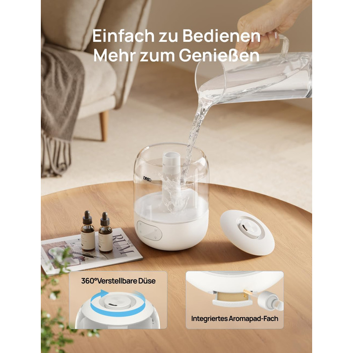 Зволожувач повітря Dreo для спальні: ультразвуковий, холодний туман, 3L, датчик вологості, нічник, для дітей, кімнатних рослин та дому (білий)