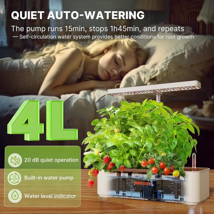 SUNCOZE Гідропонна система вирощування, набір для вирощування трав в приміщенні з LED-освітленням, розумний сад 12 касет, 4л резервуар для води, регульована висота, тиха інтелектуальна помпа, для дому, кухні (Бежевий)