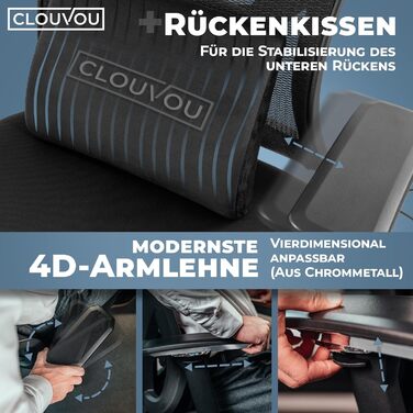 Крісло офісне Clouvou CleverSeat Ergonomiczne: регульоване, для офісу та геймінгу, чорне, до 150 кг