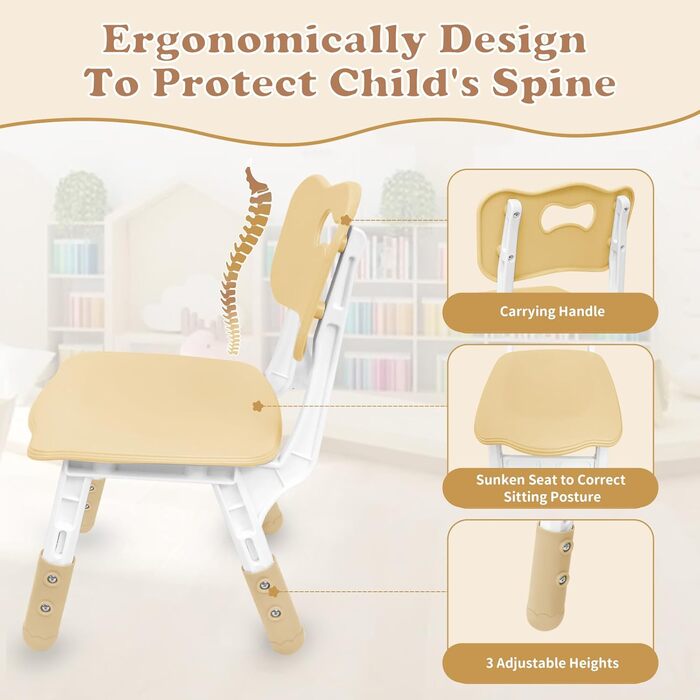 Дитячий стіл зі стільцями (2 шт.) 80x60 см, регульована висота, для дитячого садка, ідеально для ігор, малювання та розмальовування. Легко миється. Набір столу та стільців для дітей від 2 років (Бежевий)