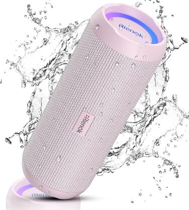 RIENOK Портативна Bluetooth Колонка з Підсвічуванням, Рожева, IPX7 Водонепроникна, 3600 mAh, Bluetooth 5.3, Бас, Стерео Звук
