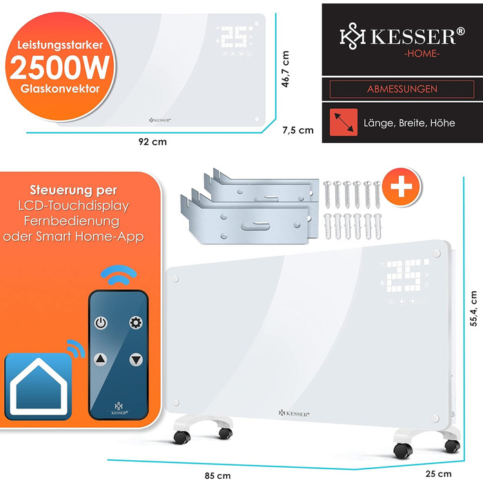 Скляний конвектор KESSER Скляний обігрівач Електричний радіатор APP WiFi Функція з пультом дистанційного керування Електричний обігрівач Підставка або настінний обігрівач Радіатор Сенсорний екран РК-дисплей Таймер 2500 Вт Білий
