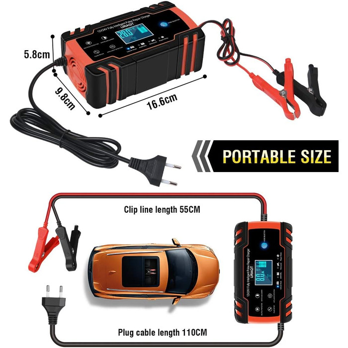 Зарядний пристрій для акумулятора URAQT 8A: 12V/24V, розумний, автоматичний, з LCD, для авто, вантажівок, мотоциклів, човнів