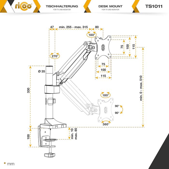 Кріплення для монітора RICOO TS3011: регульована підставка для монітора 13-34 дюймів, VESA 75x75/100x100, для кріплення на стіл