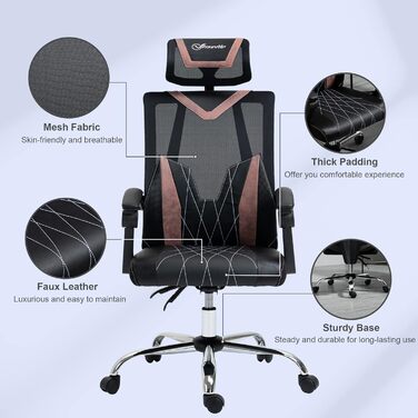 Крісло офісне Vinsetto Ergonomic з сітчастою спинкою, роліками, підтримкою попереку та шиї, регулюванням висоти та нахилу, 58x62.5x112-120см, Рожеве