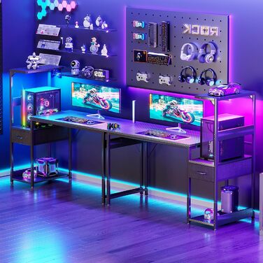Ігровий стіл Coleshome з LED-підсвічуванням 120x48 см, з шухлядами та полицею, з підставкою для навушників, карбонове покриття чорного кольору