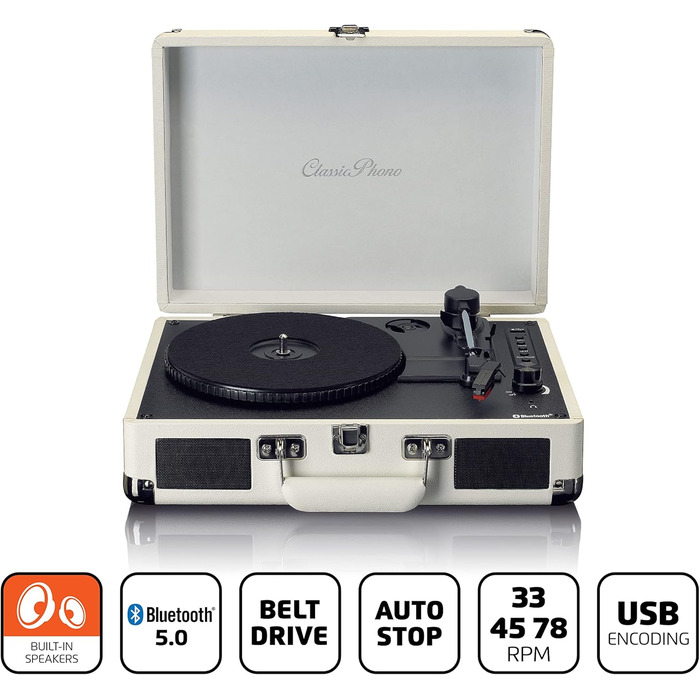 Вініловий програвач Lenco Classic Phono TT-116 з Bluetooth, 3 швидкості (33/45/78 об/хв), RCA-вихід, вбудовані стереодинаміки, вінтажний дизайн, кремовий колір