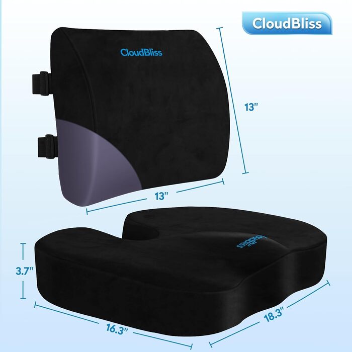 Подушка для сидіння CloudBliss: для офісного крісла, авто, підтримка попереку, з memory foam, для болю в спині, чорна, X-Large