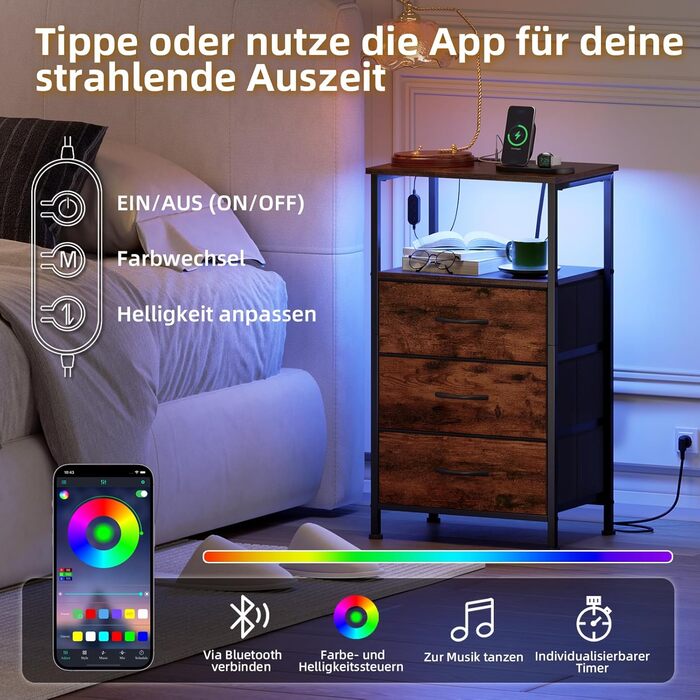 Нічний столик Somdot з підзарядкою, LED, розеткою (USB, Type-C) для спальні, вітальні, дитячої кімнати. Нічний столик, тумбочка, 30x40x60 (2 висувні ящики), деревоподібний масив, 2