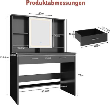 Дзеркальний туалетний столик JUMMICO з LED-підсвічуванням, 2 шухляди, 4 полиці, білий (чорний)