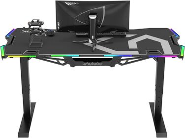 Ігровий стіл ULTRADESK Force , регульований по висоті, подушка XXL, 2 кабельні розетки, поличка для подовжувачів, світлодіодне RGB-підсвічування, сталева рама, сірий, 166x70 см