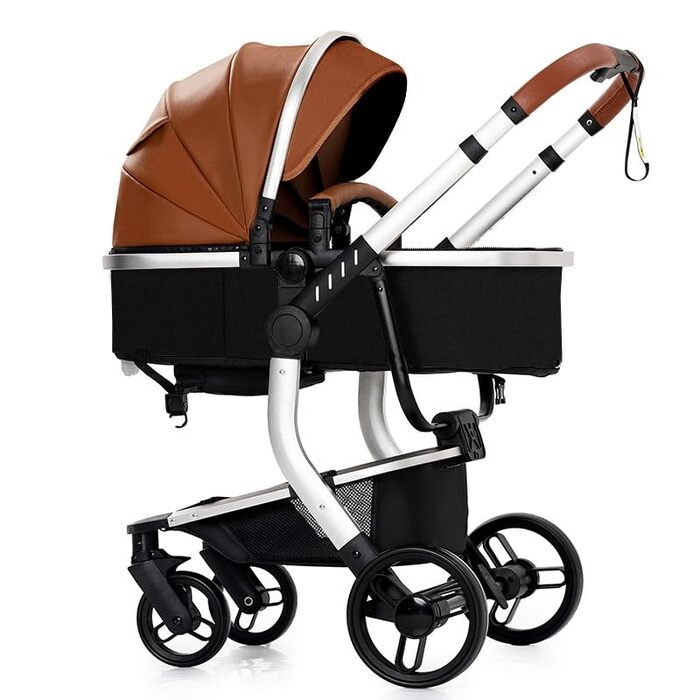 Дитяча коляска 3 в 1 PU-Leder L518 Khaki: Комфортна, багатофункціональна, з алюмінієвим шасі та комплектом (рюкзак, пеленатор)