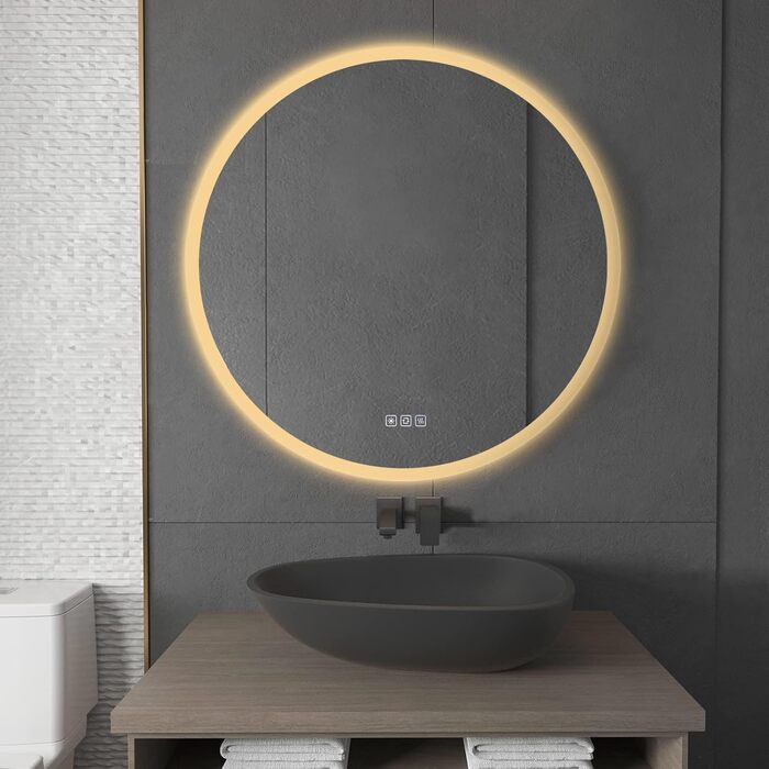 Дзеркало для ванної кімнати Furduzz LED з підсвічуванням, 700 мм, сенсорне керування, диммування, 3 кольори, проти запотівання, пам'ять, 70x70 см