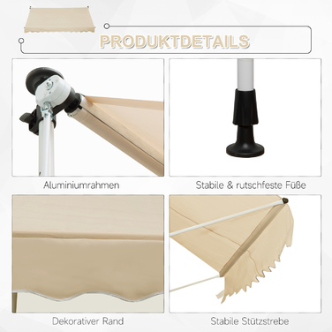 Тент Outsunny Folding Arm 300 x 150 см Регульований по висоті Тент Складаний кронштейн Захист від сонця з ручним кривошипом Стійкий до погодних умов Алюміній бежевий