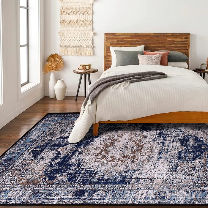 Калорійний килим для вітальні, Вінтажний нековзний килим з коротким ворсом для спальні, вітальні, їдальні, кухні ,передпокою (200250 см, ретро / темно-синій)