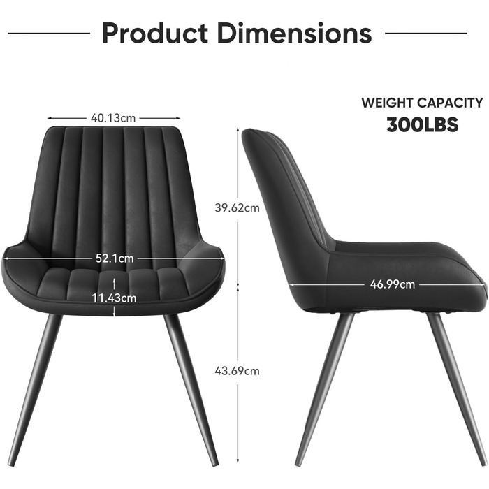 Набір обідніх стільців 2 шт. | М'які стільці з подушкою сидіння 10 см • Чорний стілець для обідньої зони • Стільці для кухні з підлокітниками • Сучасні крісла • Металеві ніжки • FU01043BL-2, Чорний