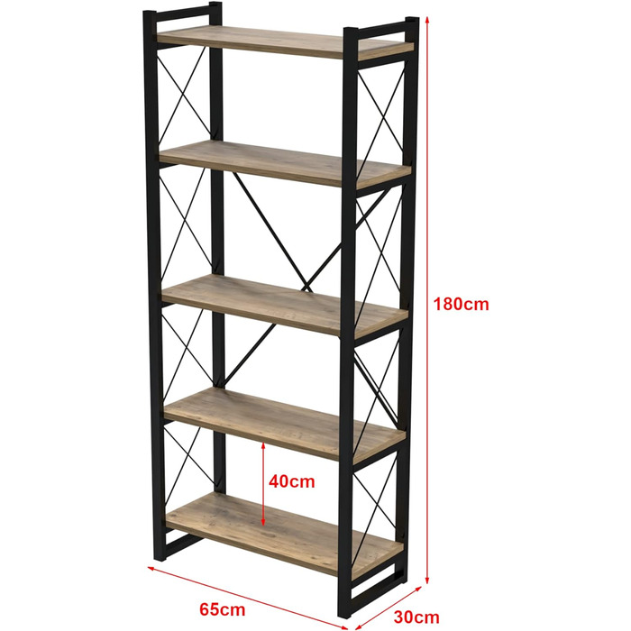 Книжкова шафа Skørping Стояча полиця з 5 полицями Металева полиця 180 x 65 x 30 см Кольори дерева Чорний Вітальня Спальня Відкрита полиця