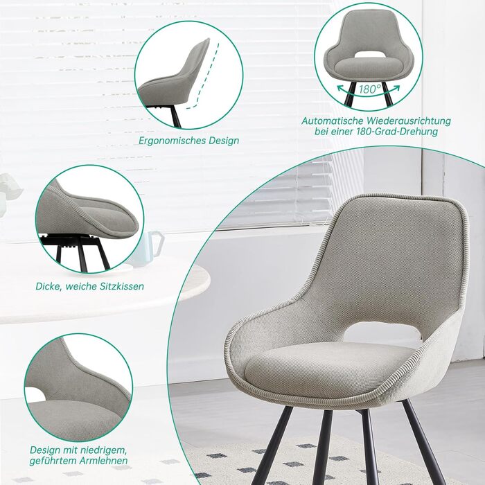 Набір обертових кухонних стільців 6 шт. з низькими підлокітниками, поворот 180°, автоматичне вирівнювання, для їдальні, кухні, комплект 6 шт. (Хакі, 4 шт.)