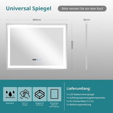 Дзеркало для ванної кімнати YOURLITE з LED-підсвічуванням 100x60 см, сенсорне управління, годинник, антизапар, 3 кольори світла, регулювання яскравості, функція пам'яті, білий (срібло)