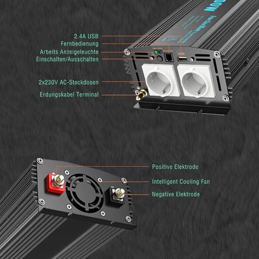 Інвертор GIANDEL 1500 Вт Pure Sine Автомобільний перетворювач напруги від 12 В до 230 В Інвертор живлення з дистанційним керуванням і портами USB для автофургону Вантажівка Легковий автомобіль