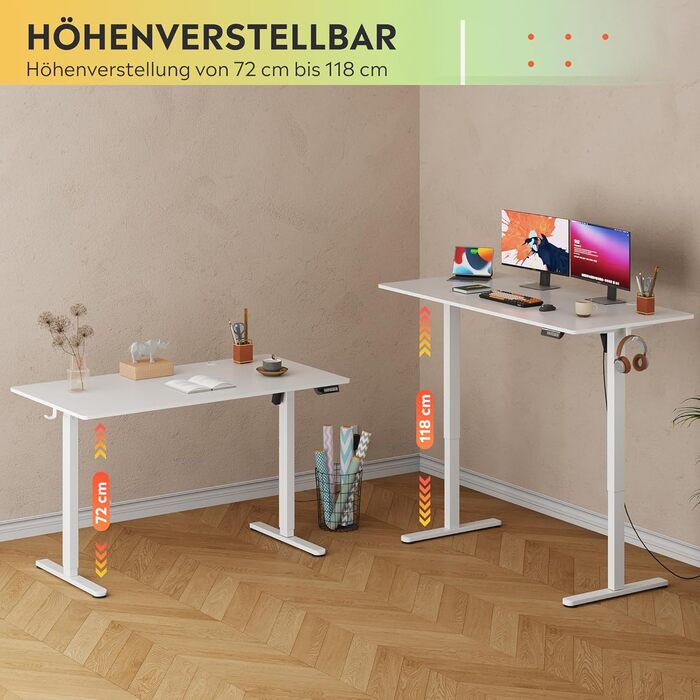 Регульований стіл Devaise 140x70 см з тихим мотором та функцією пам'яті, офісний стіл для роботи стоячи, білий
