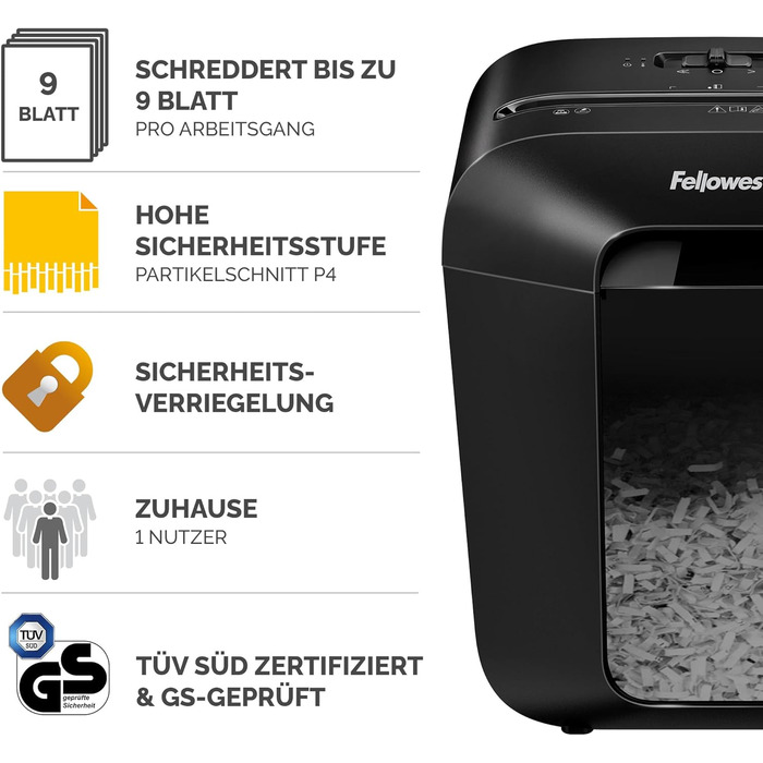Fellowes LX50: Шредер для документів, 9 листів, Cross Cut, 17л, з блокуванням, чорний