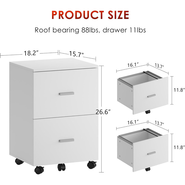 Шафа для документів SDHYL на 2 шухляди, мобільна, для A4/листів/legal документів, 46.2x40x67.5cm (Біла)