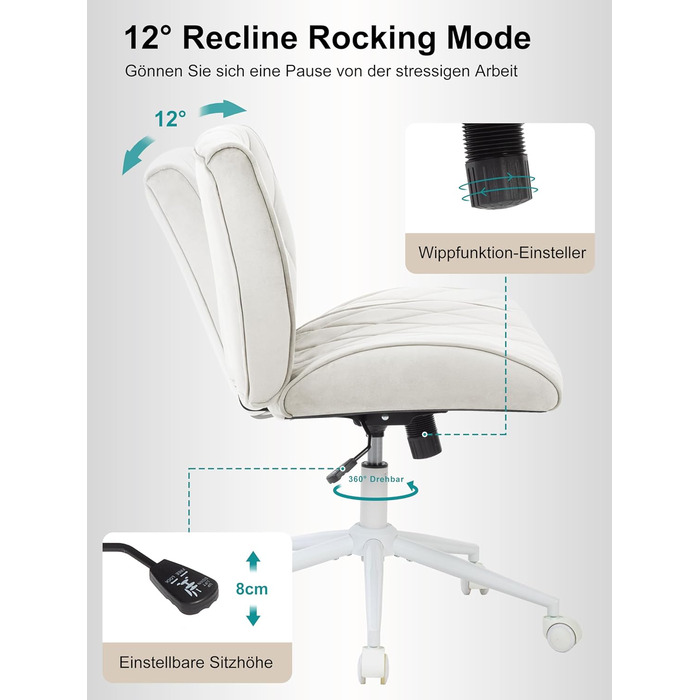 Крісло для дому та офісу Symino з функцією гойдання, обшите штучним велюром, регульоване по висоті, 360° обертання, ергономічне, до 120 кг, колір Беж