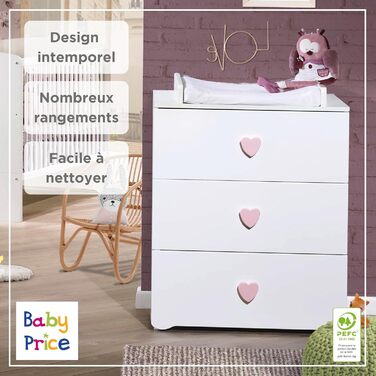 Комод для пеленання Baby Price New Basic з 3 шухлядами, з ручкою-кулькою, білий, Cœur Rose