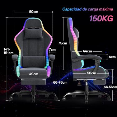 Ігровий крісло JUMMICO з тканини та LED підсвічуванням, ергономічний офісний крісло з масажем попереку та підніжкою, регулювання 90°-135°, максимальне навантаження 150 кг, колір сірий, компактний