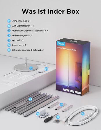 Govee RGBIC LED Торшер WiFi, Диммування, Alexa & Matter, 16 млн кольорів, 85 режимів, Музичний режим, DIY, для вітальні, спальні, геймінгу (Срібний, 1 шт)